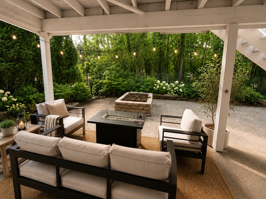 Private outdoor backyard, with outdoor seating, propane firepit and a very large wood burning cooking firepit. This yard is adjacent to the Manzanita Golfcourse with views of the trees there.