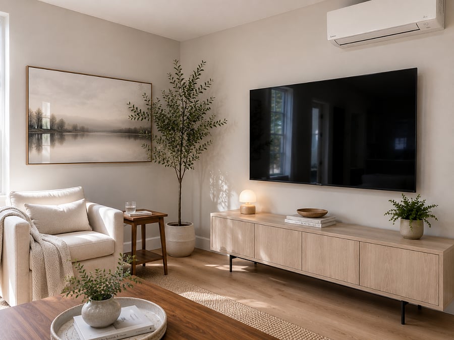 comfortable and modern living area with smart TV