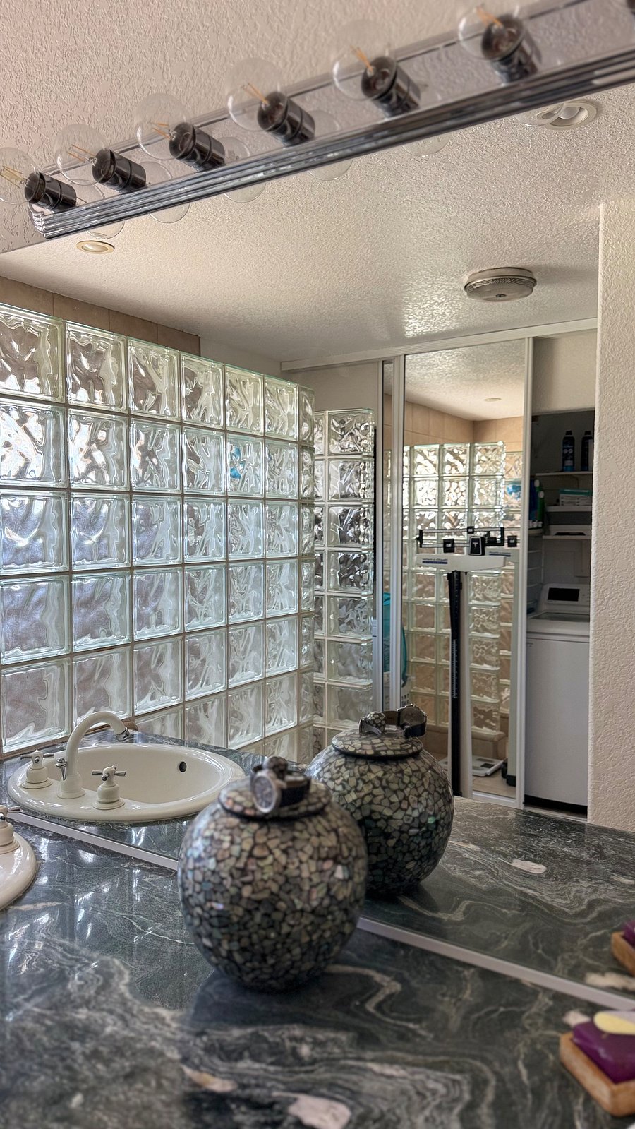 Glass block enclosed walk-in shower