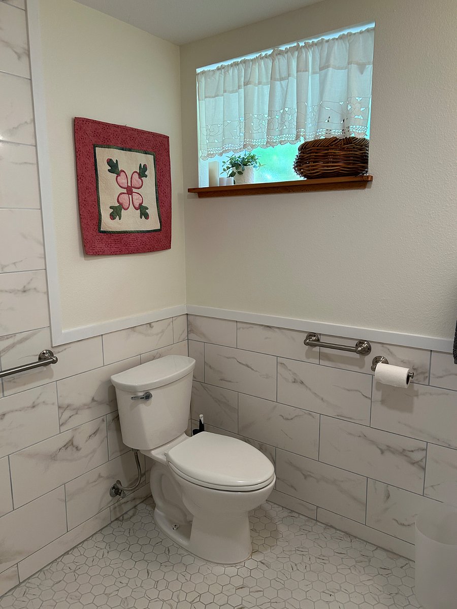 Toilet with handrails.