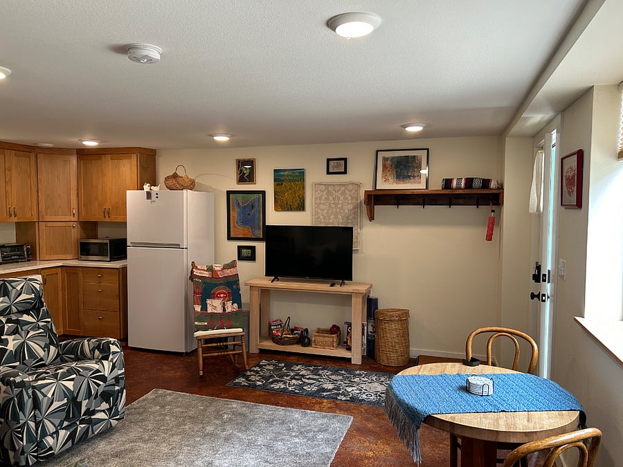 TV and internet access are included, along with a yoga mat, and light weights.