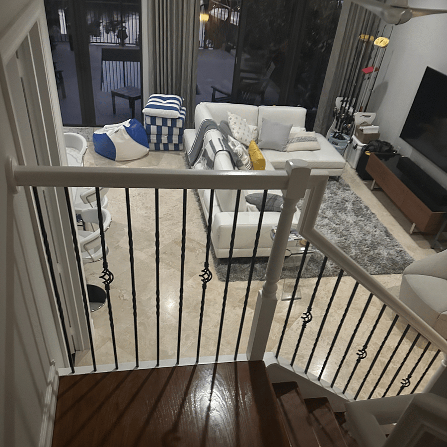 Looking down on first floor living room with smart TV