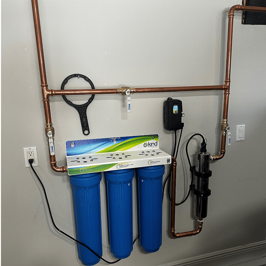 whole-house water filtration in garage for clean, good-tasting water throughout with additional reverse osmosis treatment in kitchen