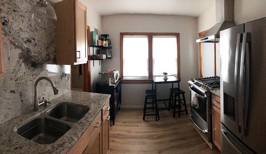 Kitchen. New appliances including: refrigerator, smart stove, microwave, coffee station. No dishwasher available at the moment.
