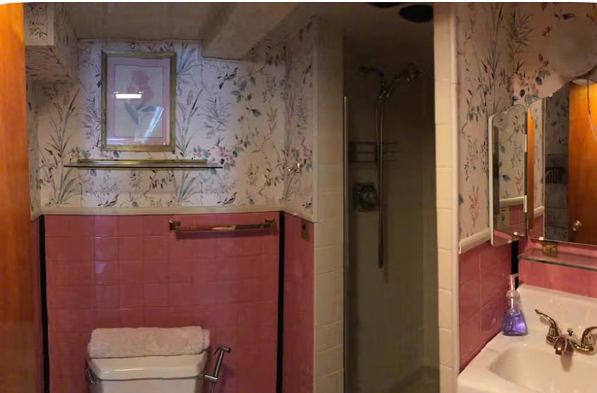 Second bathroom located in the basement. Walk-in shower, fan, and heater.