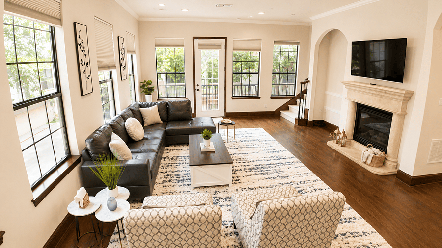 Your living room. Fireplace, high ceilings & natural light  fully furnished & waiting.