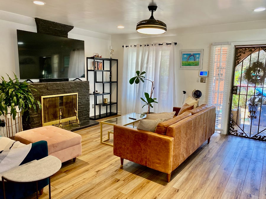 Living room, large leather couch.