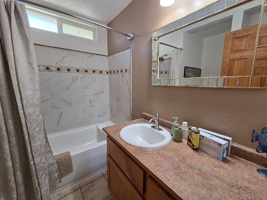 New tub/shower. Storage behind door
