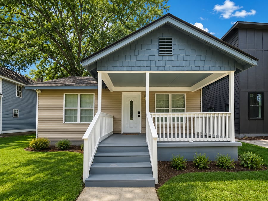 Inviting covered front Porch. Smart Lock Entry.
