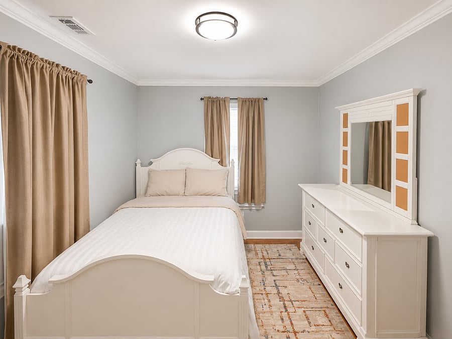 Bedroom 1. Queen Bed, Closet, Full Dresser and Mirror. Black out curtains. 
