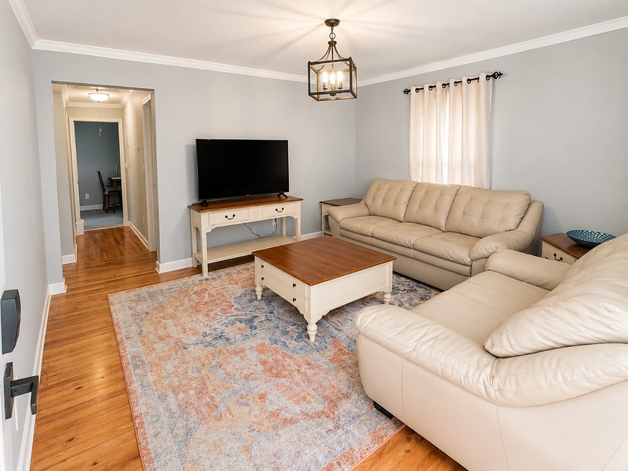 Genuine Leather Sofa set. Ethan Allen Brand. Matching Side and Coffee Table.  60" Smart TV. 