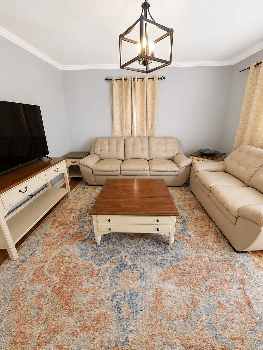 Genuine Leather Sofa set. Ethan Allen Brand. Matching Side and Coffee Table.  60" Smart TV. 
