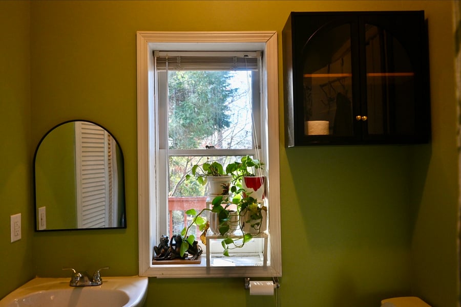 Green bathroom has backyard view, bath and shower. 