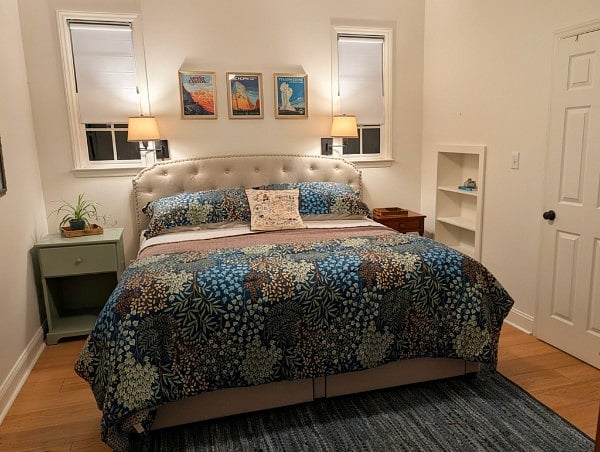 The first-floor bedroom has a king-sized bed.