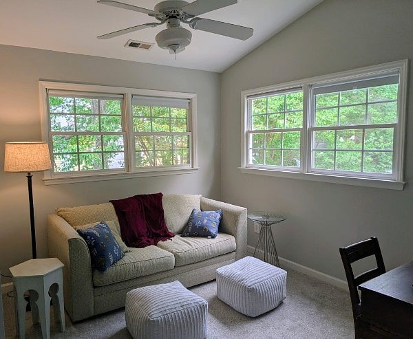 The upstairs office has a fold-out, full-size sofa bed.
