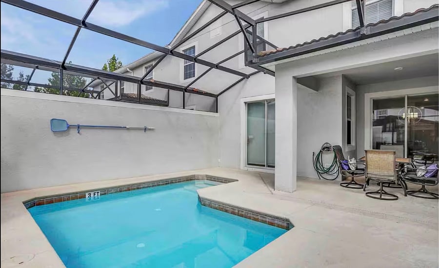 Pool comes equipped with safety gate and rescue tube.