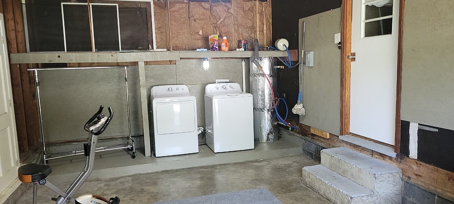 Washer, dryer, clothes rack, exercise bike