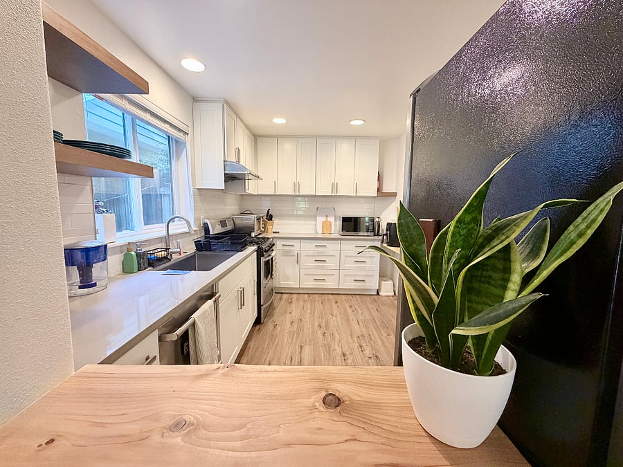 View of kitchen from dining area