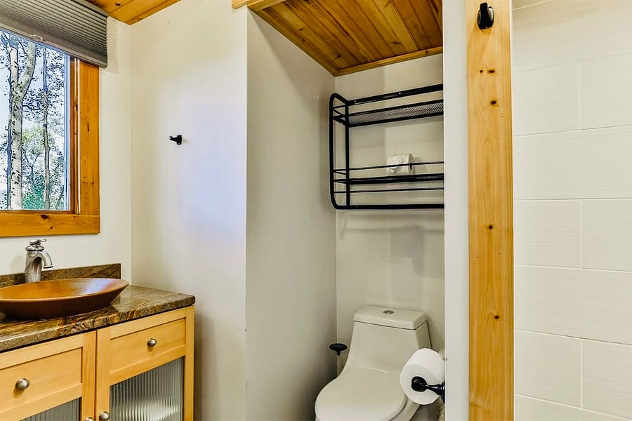 Full separate bathroom on lower level with a stand in shower and view of the mountains. 