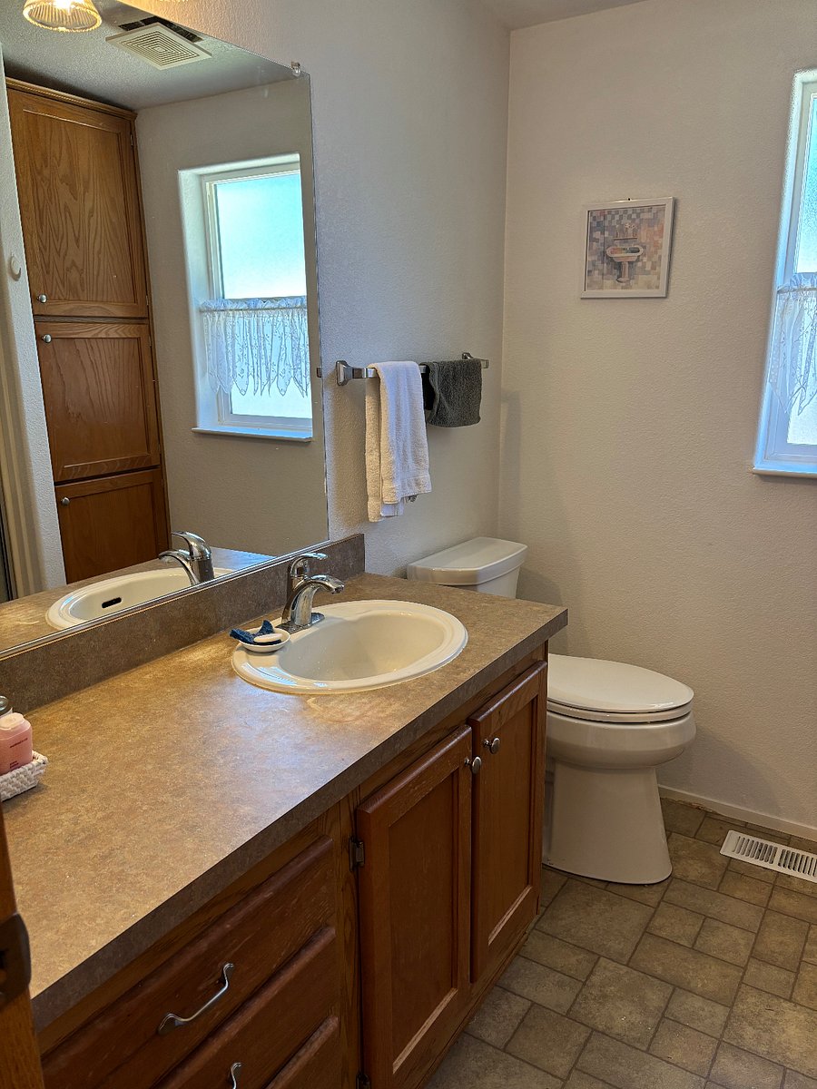 Extra height toilet, linen closets visible in mirror