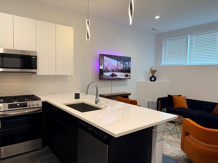 Fully equipped kitchen featuring full-size appliances, cooking essentials, and a coffee station for your morning routine.