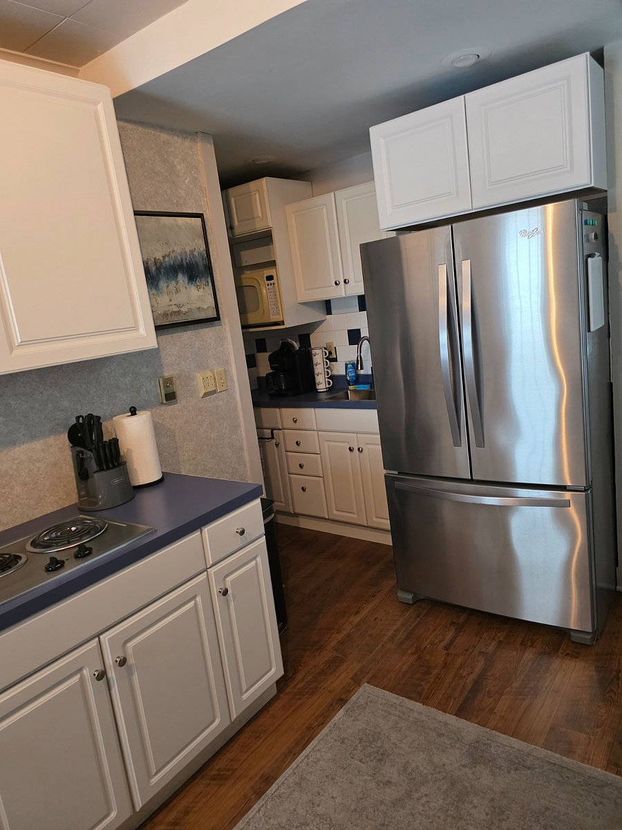 Stove top, microwave, toaster oven, full fridge, coffee maker