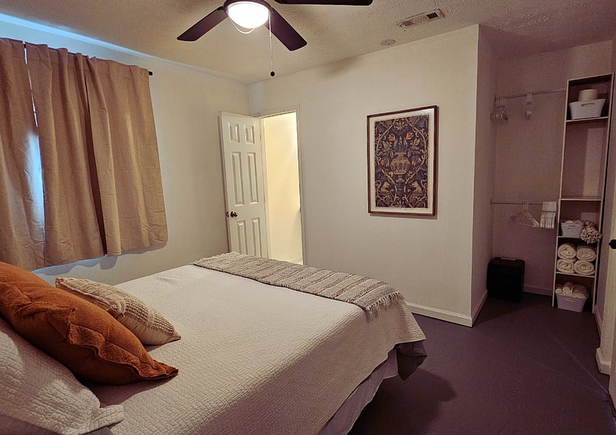 Blackout curtains in the bedroom provide a better sleep environment, even for night-shift workers.
