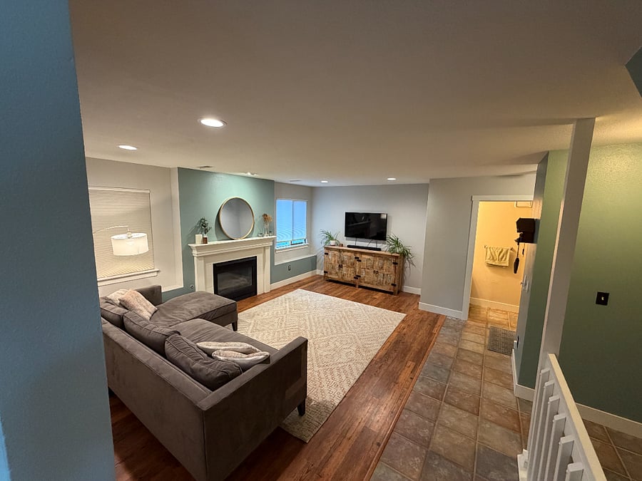 Lower family room; half-bath/powder room
