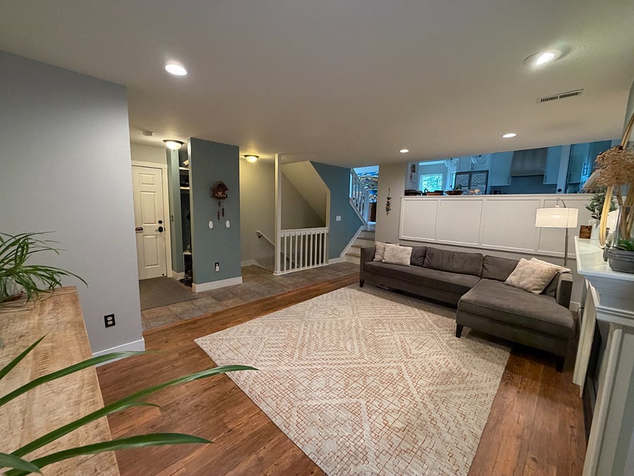 Lower family room; stairs to finished basement, W/D