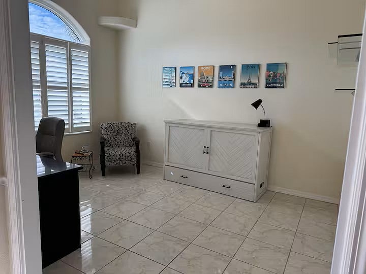 Quiet workspace with built in desk and fast Wi-Fi.