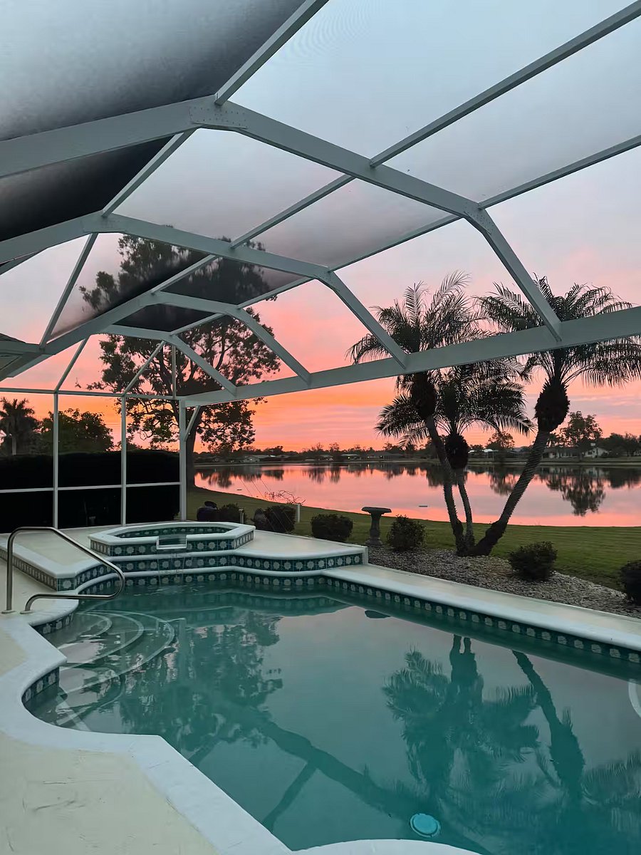 Heated saltwater pool at sunset.
