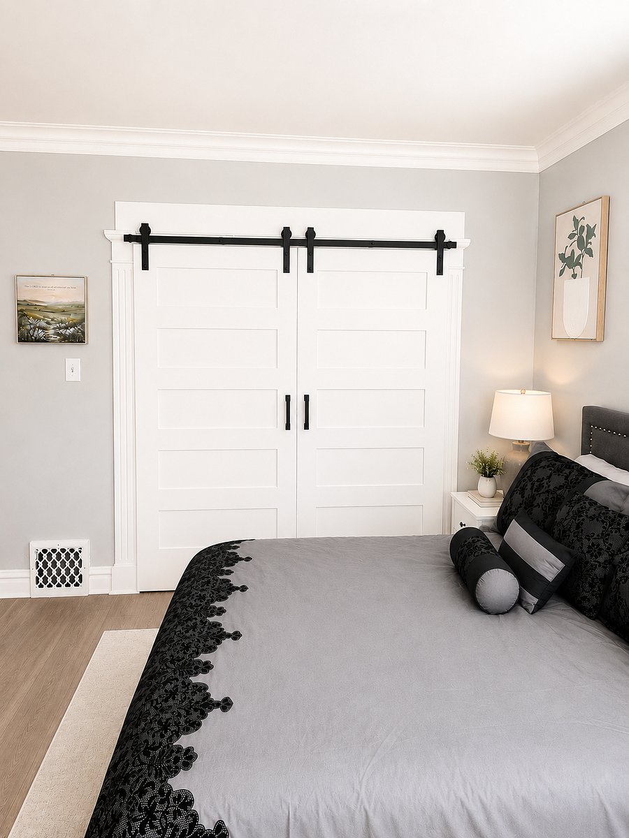 Bedroom 1 Queen Size Bed, Private Entrance, Smart TV, Closet, Chair, Barn Doors