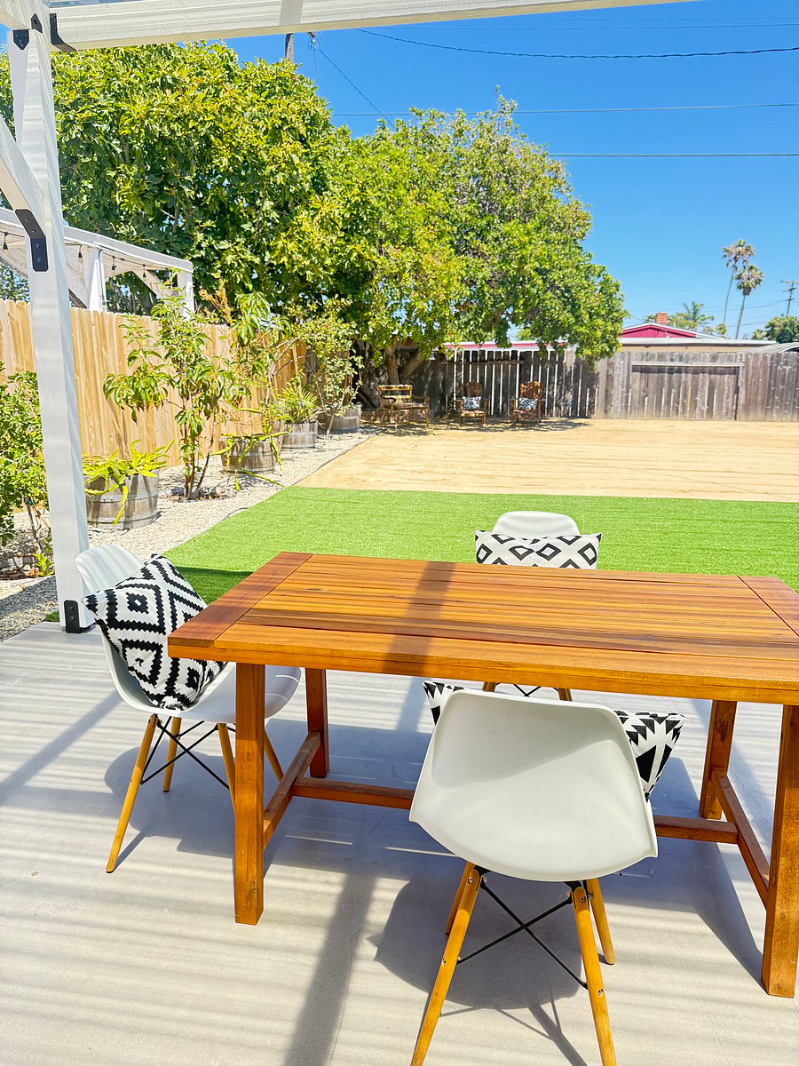 Shared outdoor space with patio cover.