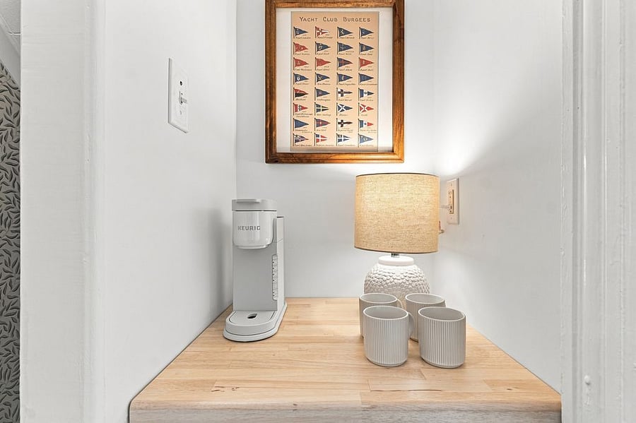 Coffee station on second floor along with mini retro fridge