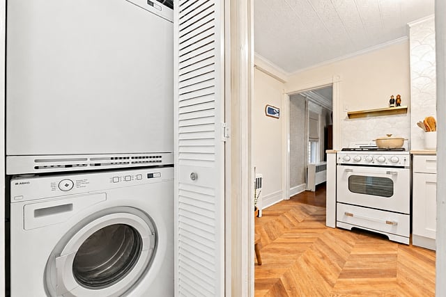 Equipped with a stackable washer and dryer for your convenience 
