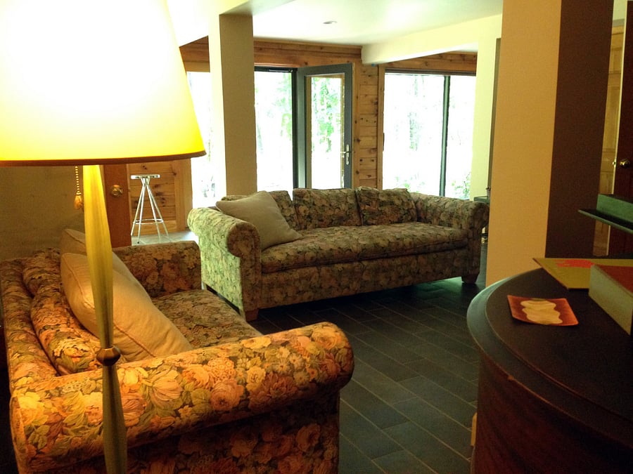 Suite sitting room with coffee station and microwave to side
