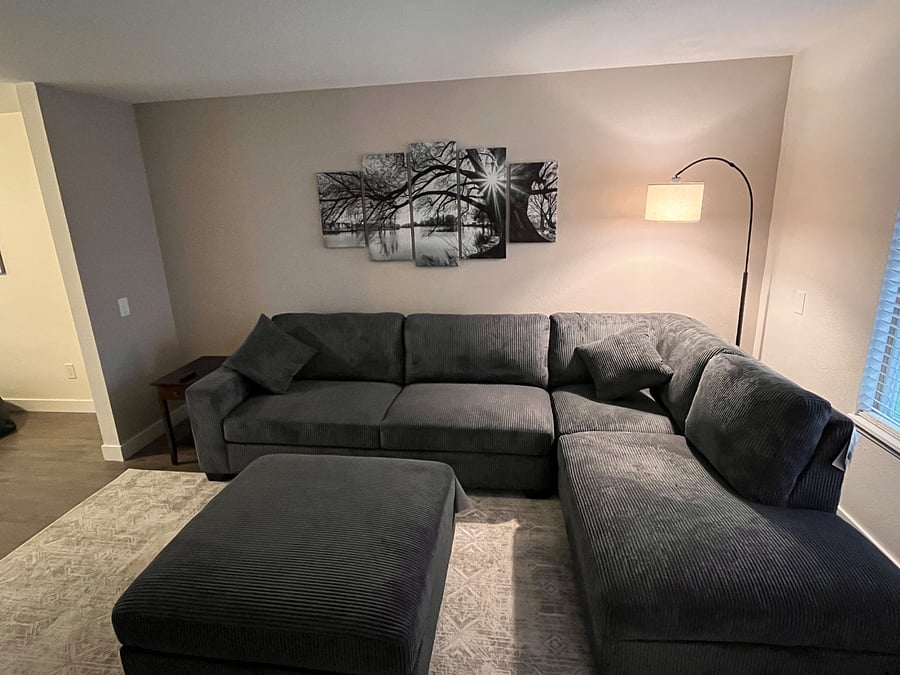 Front room, brand new sectional, flooring and area rug