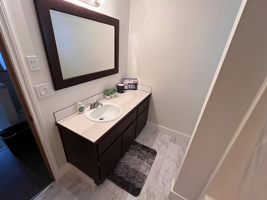 Guest bathroom, brand new luxury vinyl plank flooring, brand new toilet.