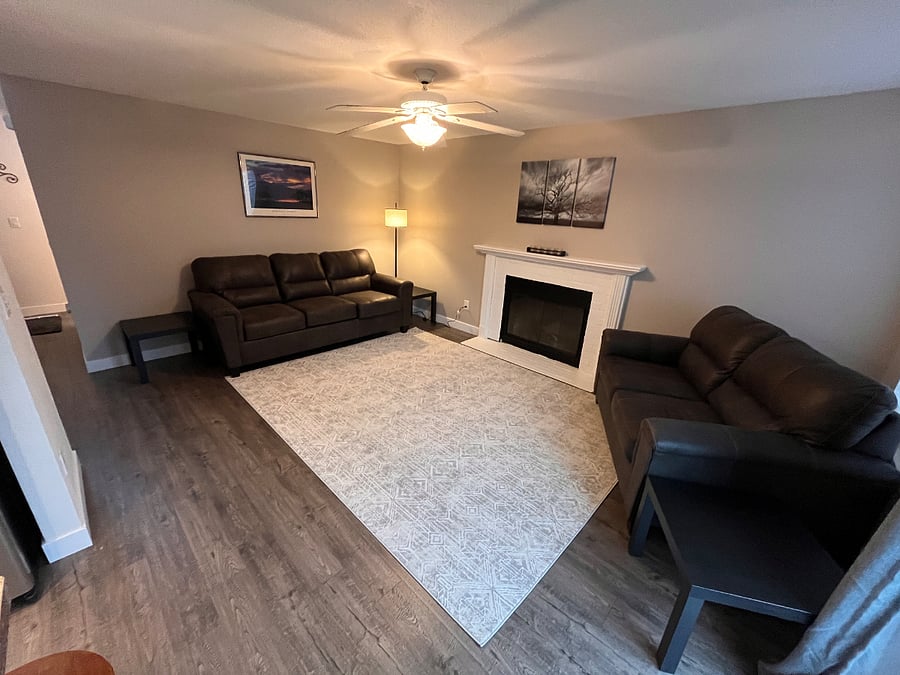 Living room, brand new couch and loveseat seat, new flooring and area rugs