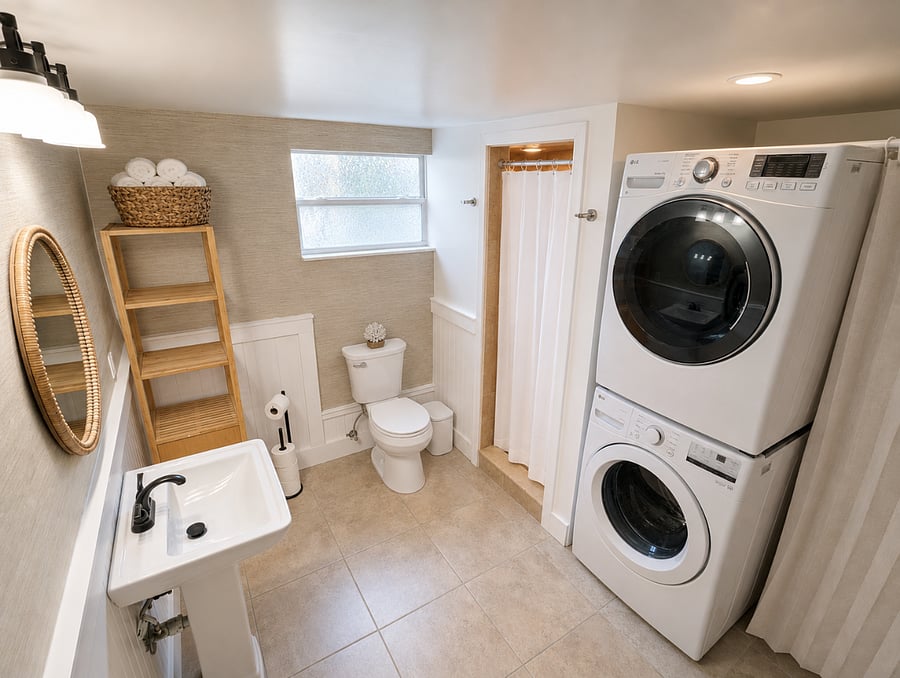 Second bathroom and laundry area with a shower, sink, toilet, washer, and dryer.