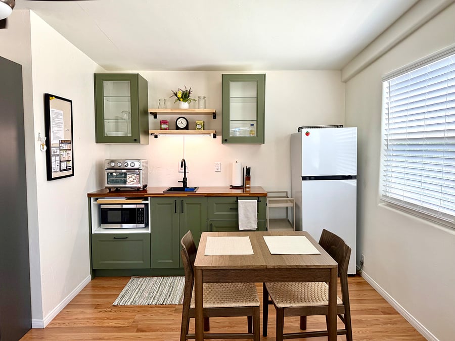 The dining table expands to double as extra work space.