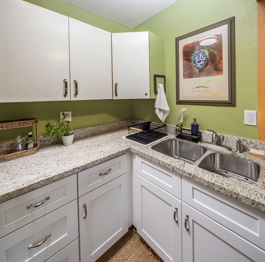 The kitchen comes equipped with:
10 cu. ft. refrigerator/freezer
Basic cooking utensils, silverware, plates, and glasses
Coffee cups, food storage, and prep containers
10-cup coffee maker and coffee grinder
Electric water kettle
6-qt crockpot
Nonstick and stainless-steel cookware
Brita water pitcher