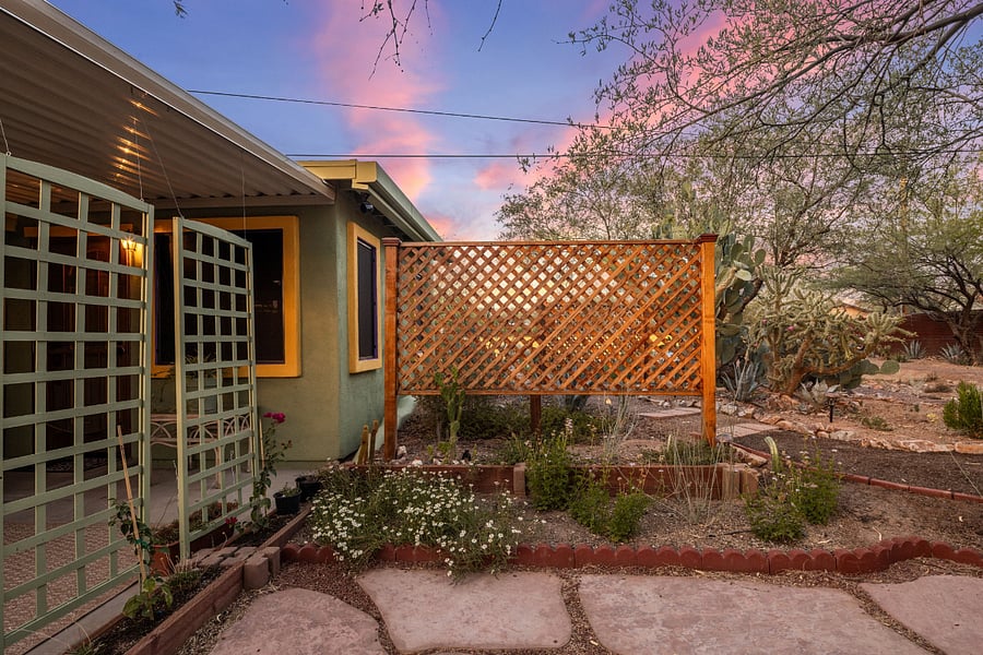 private courtyard features pollinator garden attracting hummingbirds, butterflies and pollinator bees