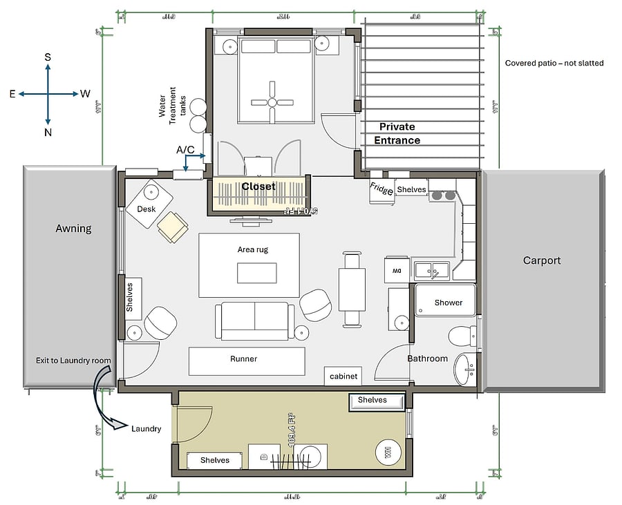 Floor plan. Not exactly to scale, but very close. The main house (owner occupied) is attached on the northside of the laundry room