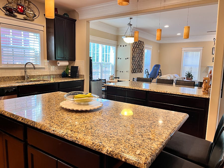 Kitchen with 2 large islands.
