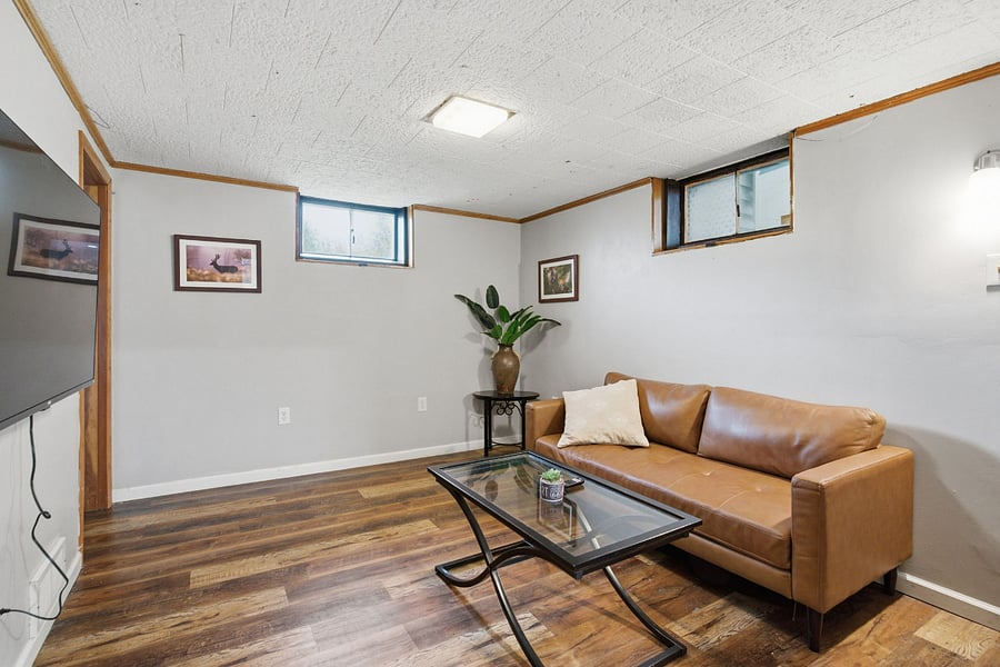 living room in basement with smart TV