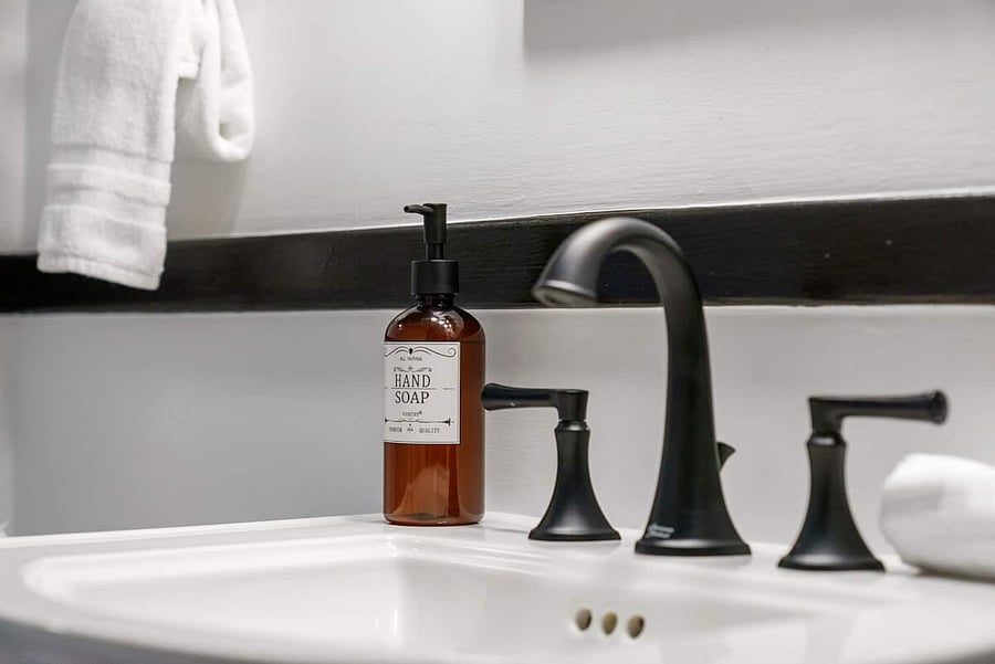 Hand soap, hand towels, toilet paper, a hair dryer and plenty of towels.
