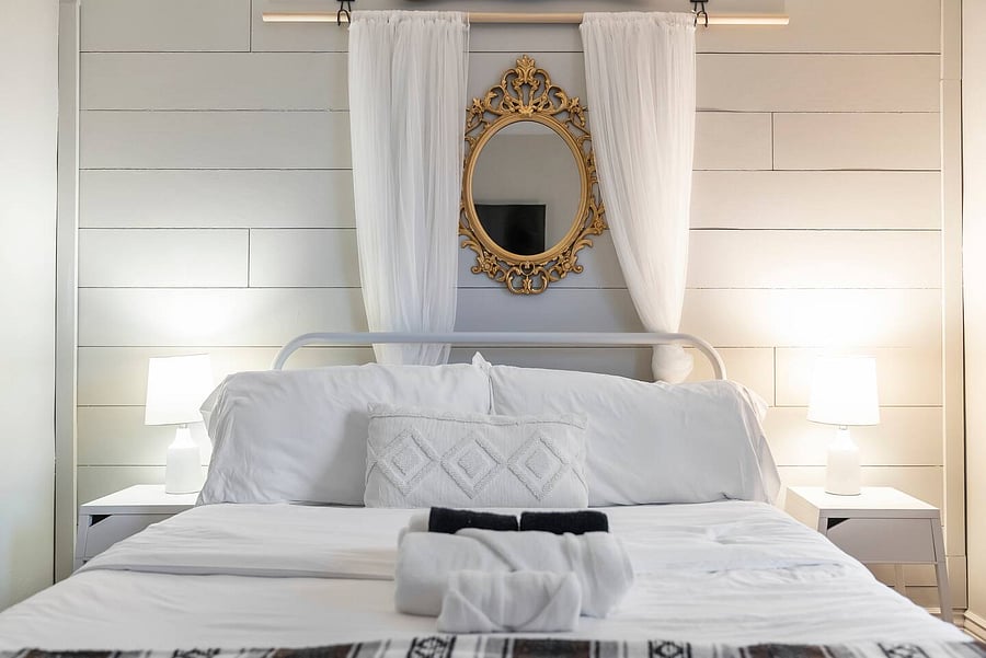 A romantic bedroom for two. Luxury linens and ample storage space.