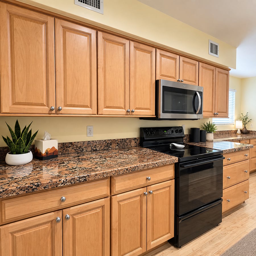 Fully appointed kitchen with ample storage space and beautiful granite countertops.
