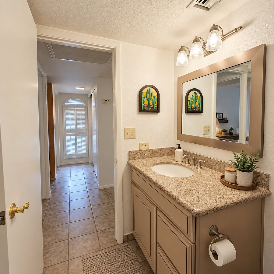 Hall bath opening out to hallway.